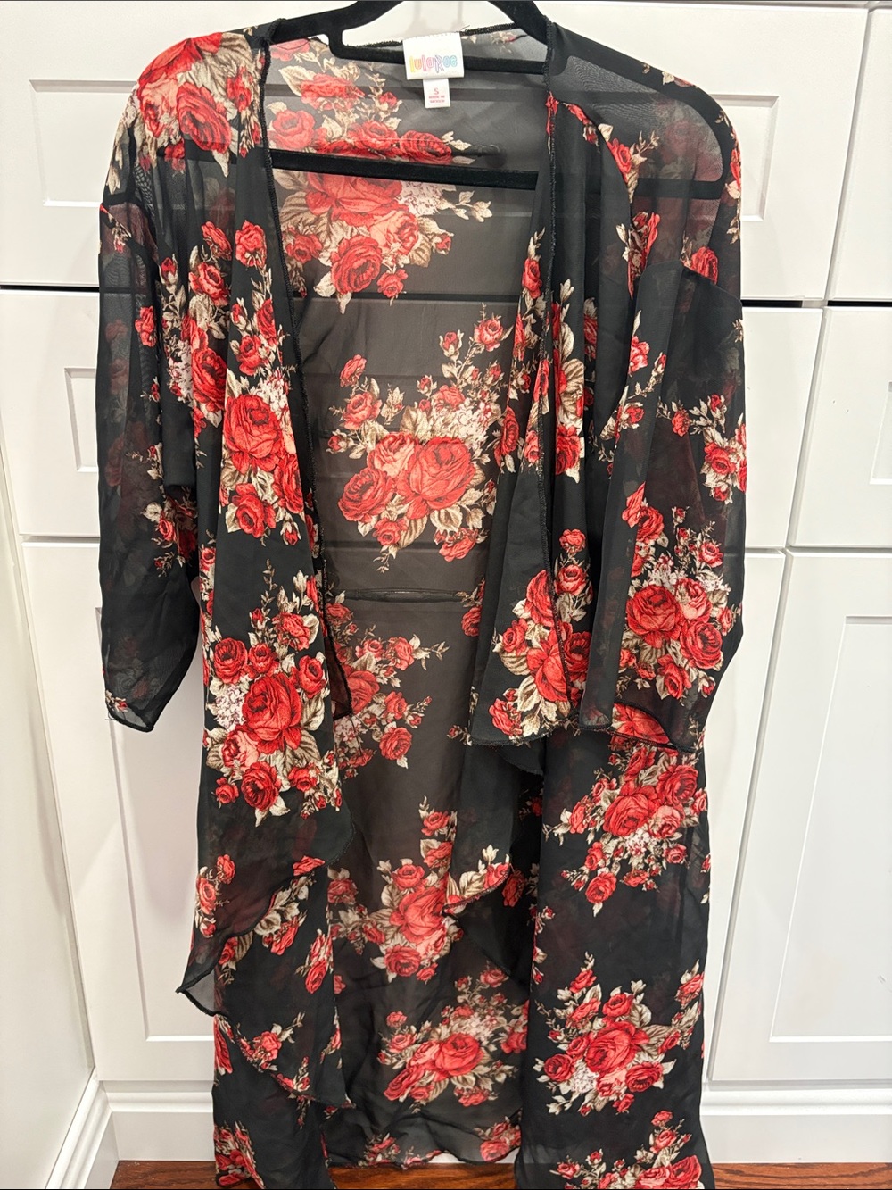 LuLaRoe Black Floral Sheer Duster with Red Roses